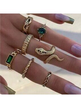 Gold 8pc Snake & Rhinestone Midi Ring Set